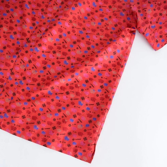 Vintage Tie Silk Red Silk Short Sleeve Button Blouse w Elephants Medium - Picture 5 of 13
